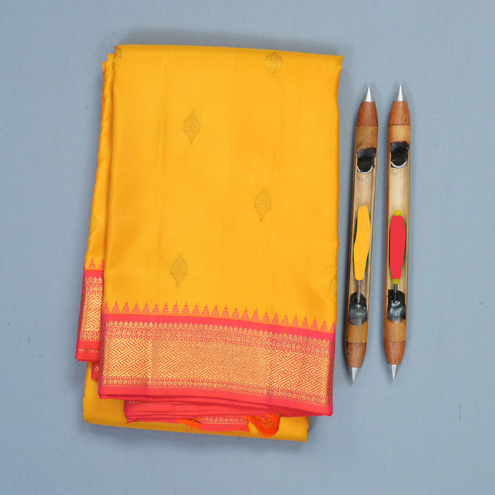 Hayagrivas Handloom Yellow Kanjivaram Silk Saree with Orangish-Pink Border KSBE76L9-5