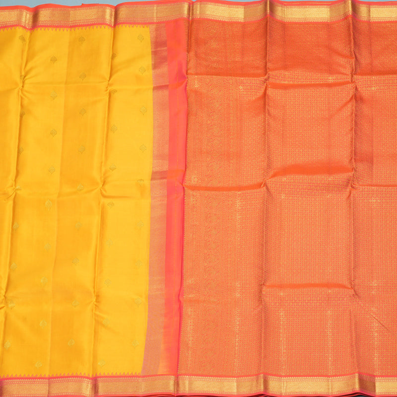 Hayagrivas Handloom Yellow Kanjivaram Silk Saree with Orangish-Pink Border KSBE76L9-5