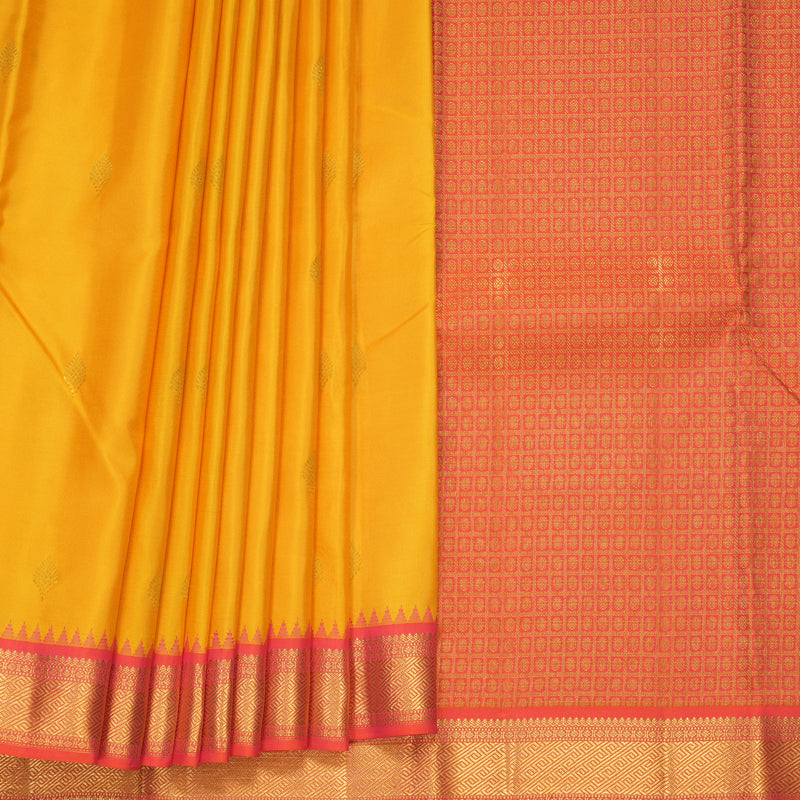 Hayagrivas Handloom Yellow Kanjivaram Silk Saree with Orangish-Pink Border KSBE76L9-5