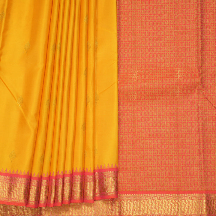 Hayagrivas Handloom Yellow Kanjivaram Silk Saree with Orangish-Pink Border KSBE76L9-5