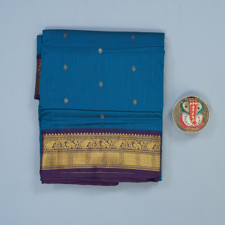 Hayagrivas Peacock Blue Ten Yards Semi Silk Saree with Deep Violet Border KSBE82A18-4