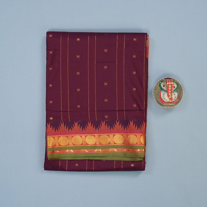 Hayagrivas Maroon Ten Yards Semi Silk Saree with Deep Orange Border KSBE82A21-6