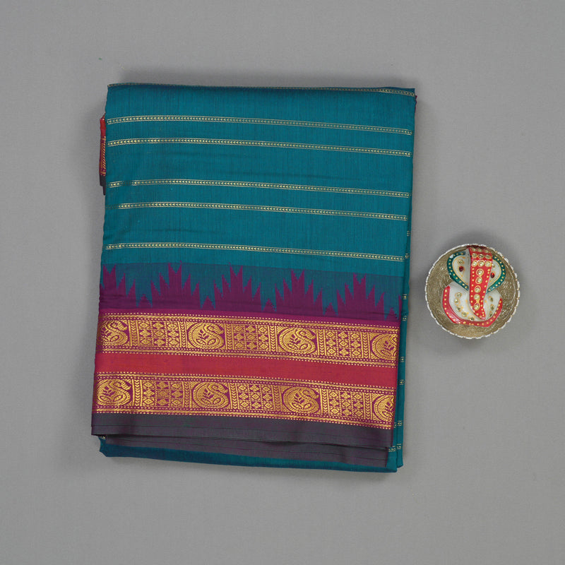 Hayagrivas Peacock Green Ten Yards Semi Silk Saree KSBE82A33-1