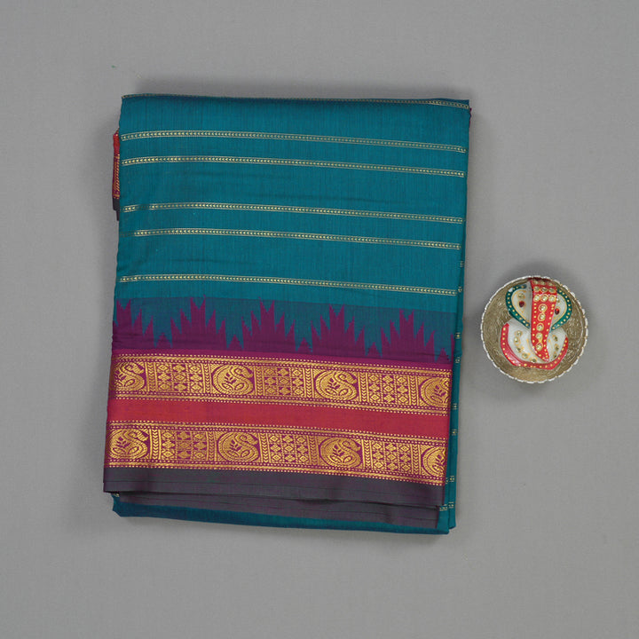Hayagrivas Peacock Green Ten Yards Semi Silk Saree KSBE82A33-1