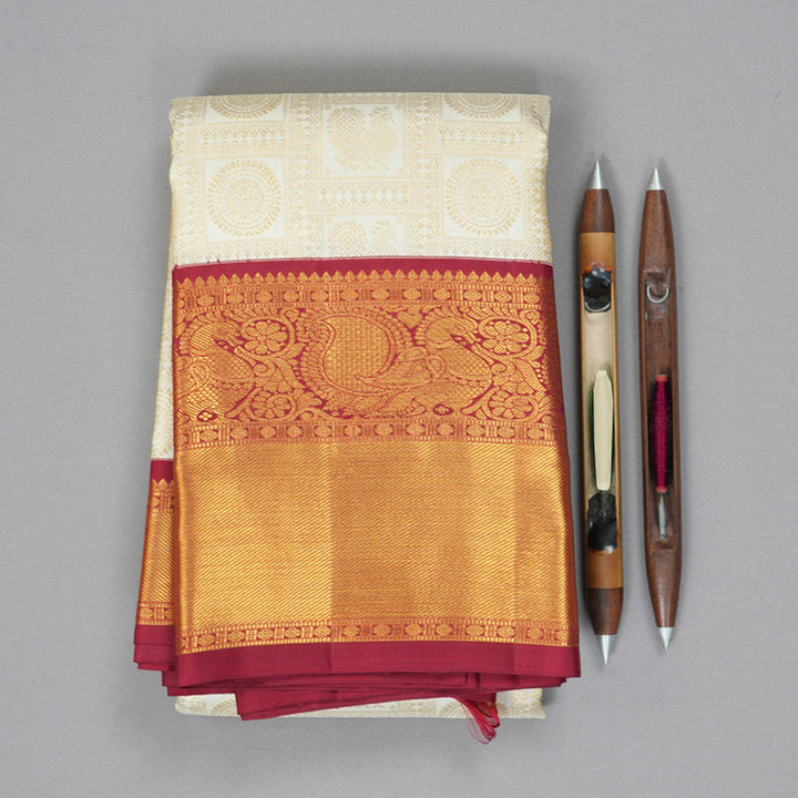 Hayagrivas Handloom Off-White Kanjivaram Silk Saree with Maroon Border KSBE83A1-1