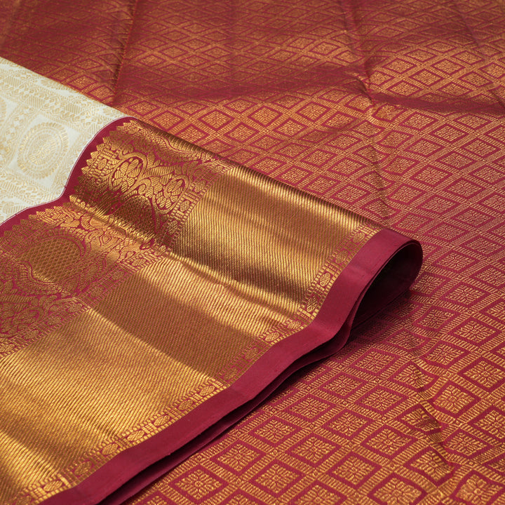 Hayagrivas Handloom Off-White Kanjivaram Silk Saree with Maroon Border KSBE83A1-1