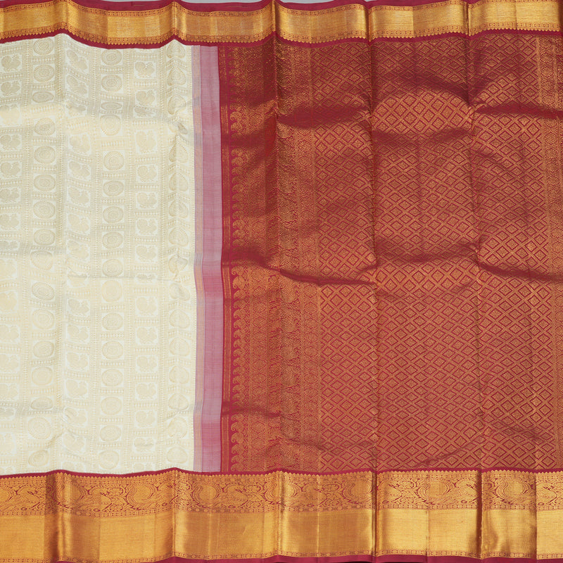 Hayagrivas Handloom Off-White Kanjivaram Silk Saree with Maroon Border KSBE83A1-1