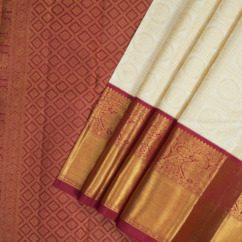 Hayagrivas Handloom Off-White Kanjivaram Silk Saree with Maroon Border KSBE83A1-1