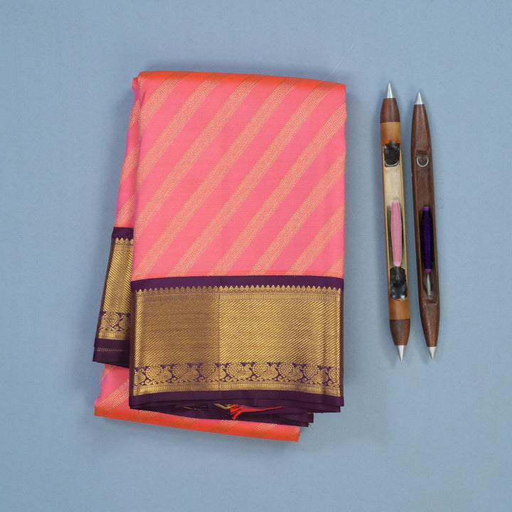 Hayagrivas Handloom Peach Pink Kanjivaram Silk Saree with Purple Border KSBE96A13-6