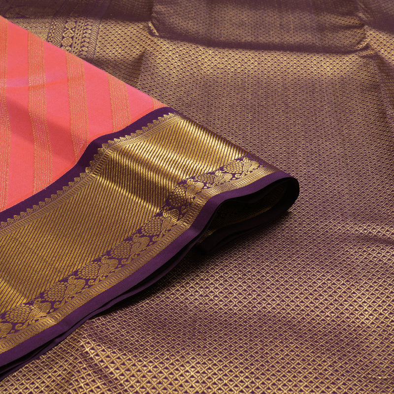 Hayagrivas Handloom Peach Pink Kanjivaram Silk Saree with Purple Border KSBE96A13-6