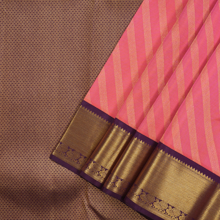 Hayagrivas Handloom Peach Pink Kanjivaram Silk Saree with Purple Border KSBE96A13-6