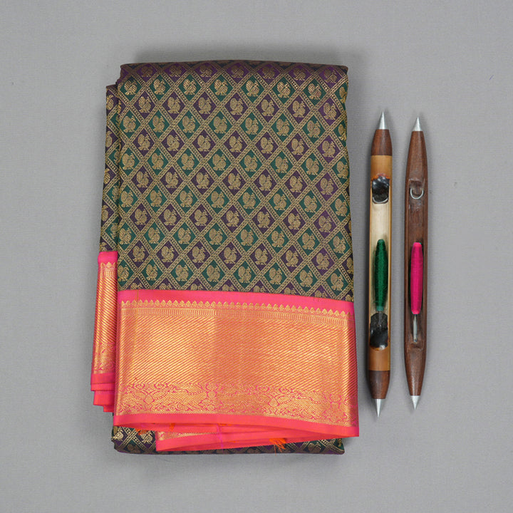 Hayagrivas Handloom Navy Blue & Bottle Green Checks Kanjivaram Silk Saree KSBE96A14-20