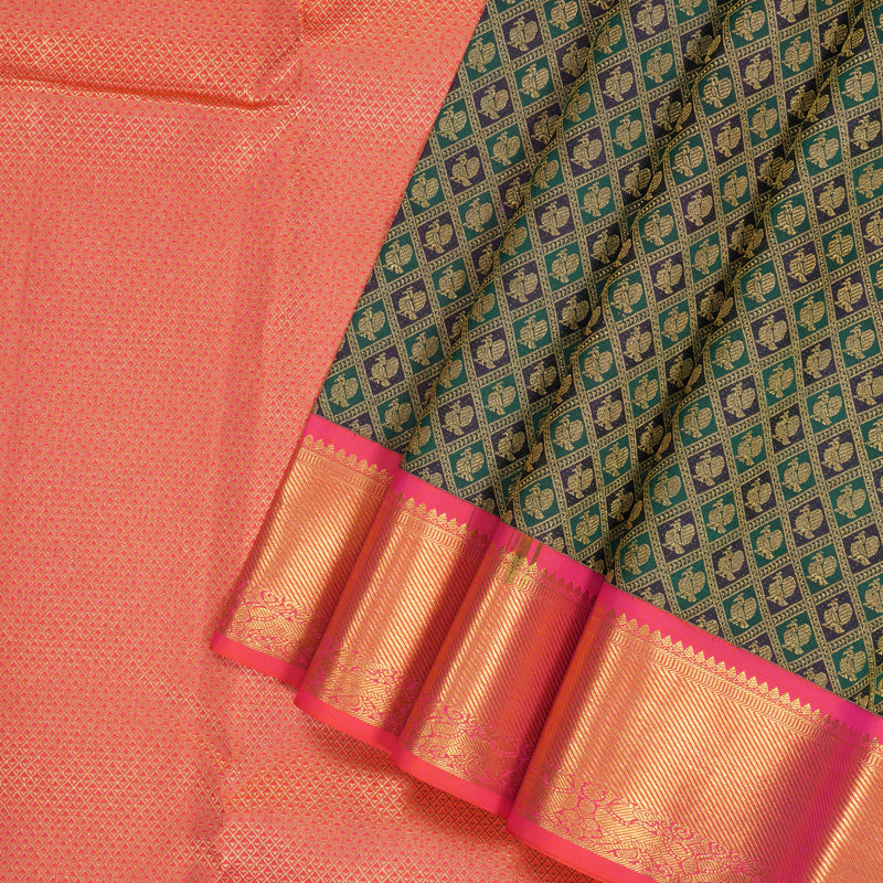 Hayagrivas Handloom Navy Blue & Bottle Green Checks Kanjivaram Silk Saree KSBE96A14-20