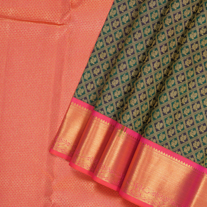 Hayagrivas Handloom Navy Blue & Bottle Green Checks Kanjivaram Silk Saree KSBE96A14-20