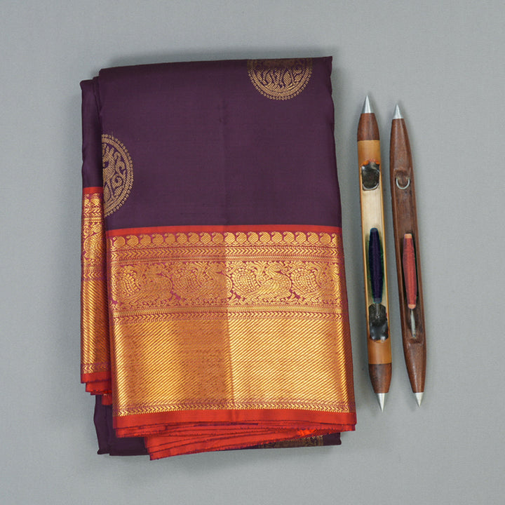 Hayagrivas Handloom Purple Kanjivaram Silk Saree with Rust Orange Border KSBE96A6-1