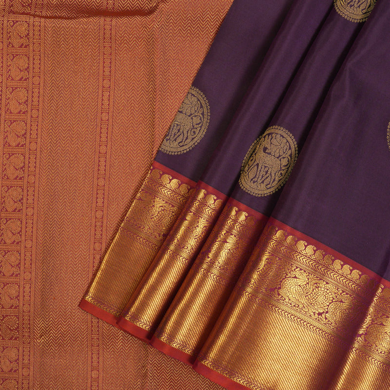 Hayagrivas Handloom Purple Kanjivaram Silk Saree with Rust Orange Border KSBE96A6-1