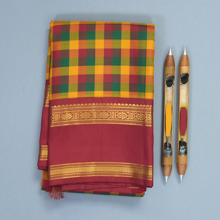 Hayagrivas Handloom Multicolour Checks Kanjivaram Silk Saree with Maroon Border KSBF651G5-1