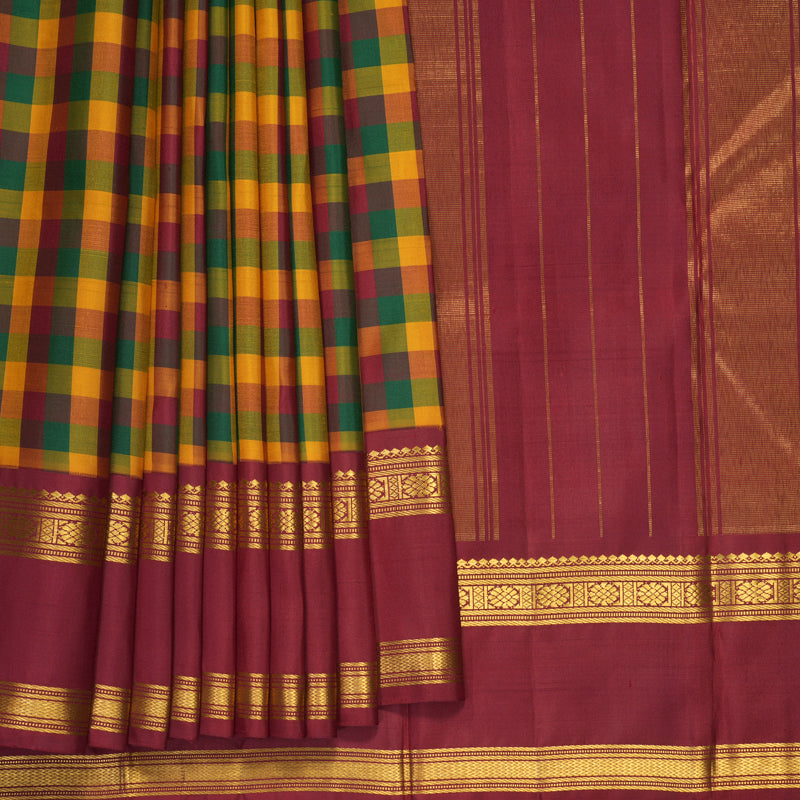 Hayagrivas Handloom Multicolour Checks Kanjivaram Silk Saree with Maroon Border KSBF651G5-1