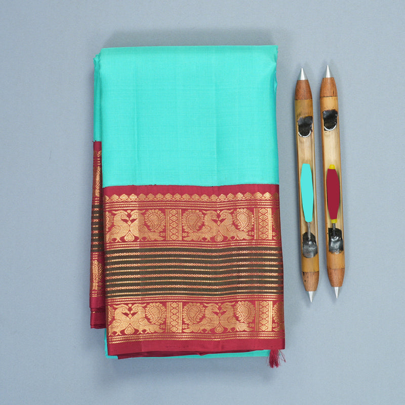 Hayagrivas Handloom Bright Teal Kanjivaram Silk Saree with Maroon Border KSBF662G7-2