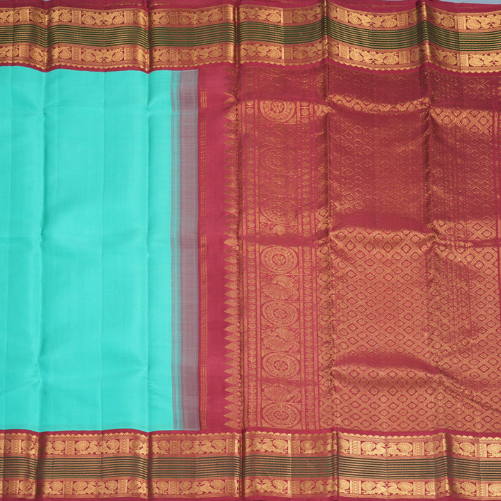 Hayagrivas Handloom Bright Teal Kanjivaram Silk Saree with Maroon Border KSBF662G7-2