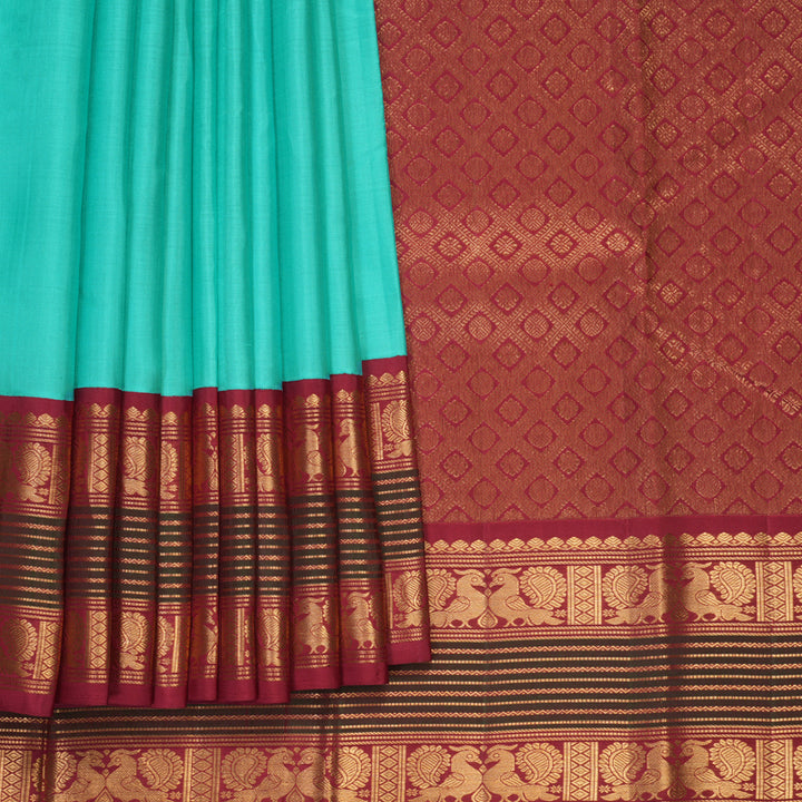 Hayagrivas Handloom Bright Teal Kanjivaram Silk Saree with Maroon Border KSBF662G7-2