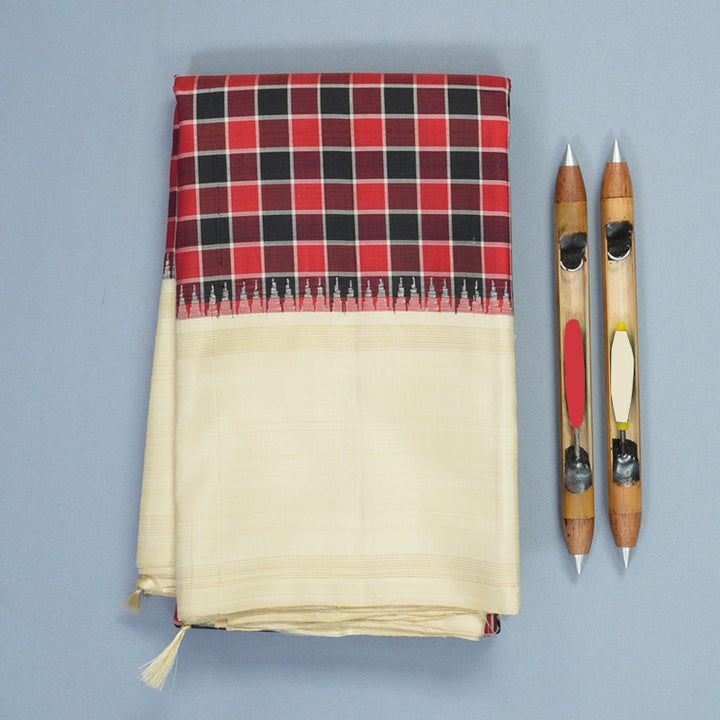 Hayagrivas Handloom Red &amp; Black Checks Kanjivaram Silk Saree with Half-White Border KSBF708G2-2