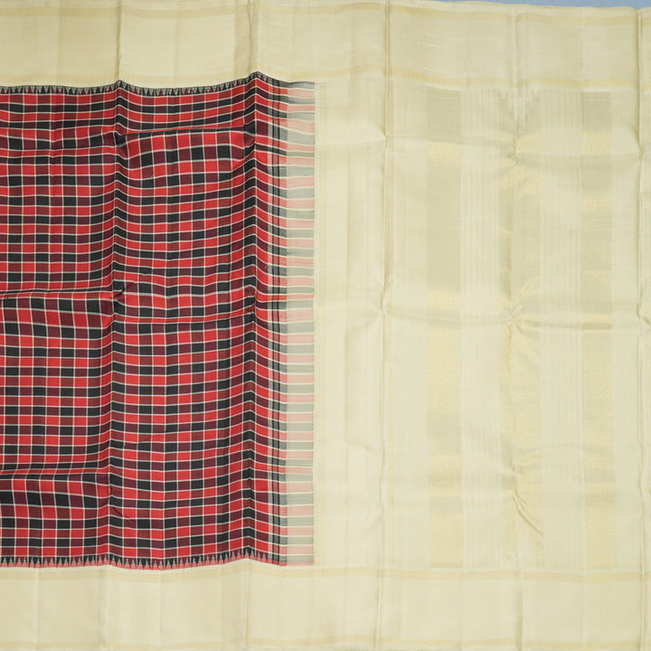 Hayagrivas Handloom Red &amp; Black Checks Kanjivaram Silk Saree with Half-White Border KSBF708G2-2