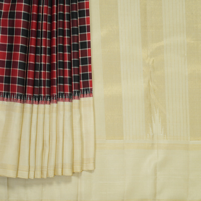 Hayagrivas Handloom Red &amp; Black Checks Kanjivaram Silk Saree with Half-White Border KSBF708G2-2