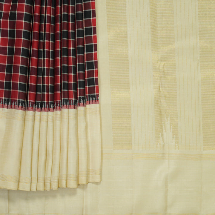 Hayagrivas Handloom Red &amp; Black Checks Kanjivaram Silk Saree with Half-White Border KSBF708G2-2