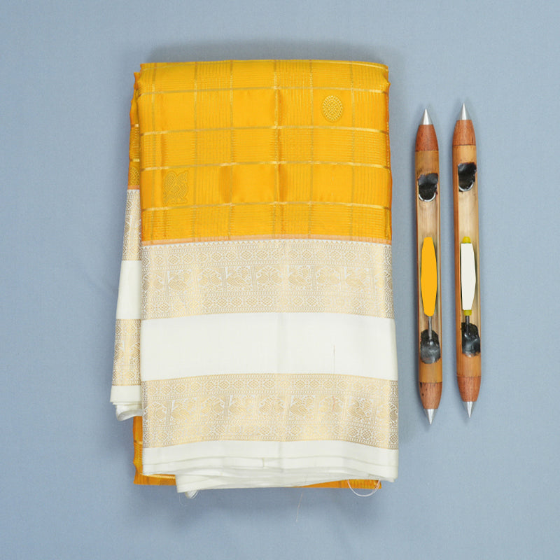 Hayagrivas Handloom Mustard Yellow Kanjivaram Silk Saree with Milk-White Border KSBF709G5-3