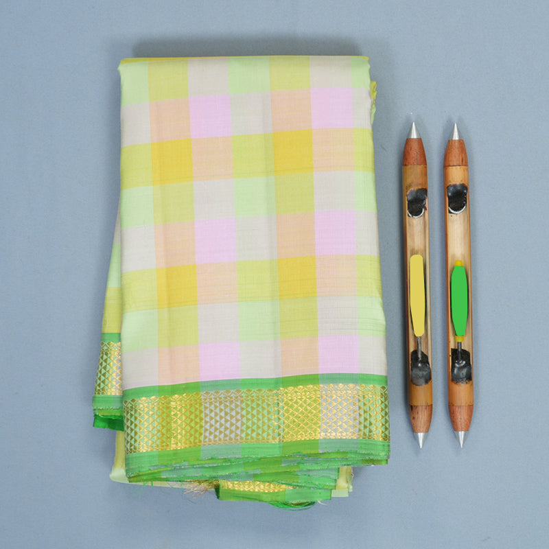 Hayagrivas Handloom Multicolour Checks Kanjivaram Silk Saree with Parrot Green Border KSBF716G7-1