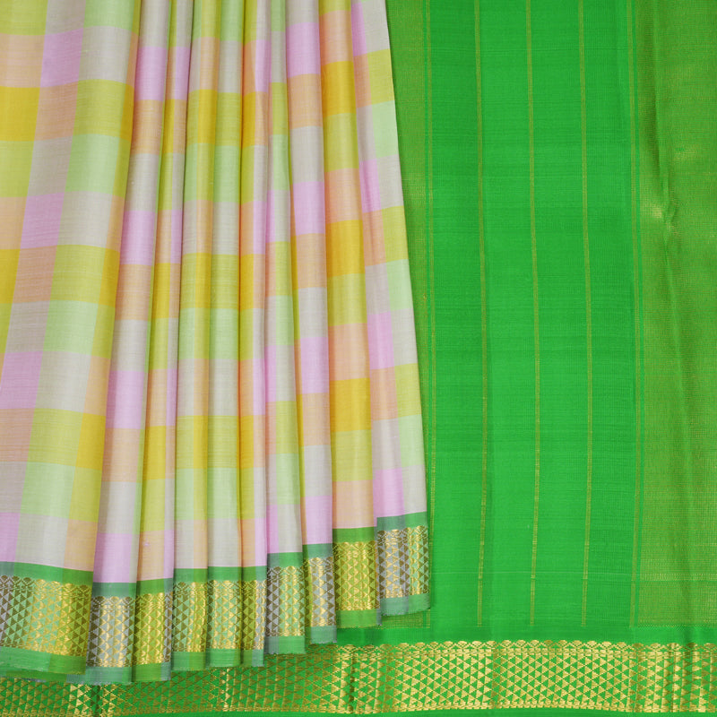 Hayagrivas Handloom Multicolour Checks Kanjivaram Silk Saree with Parrot Green Border KSBF716G7-1