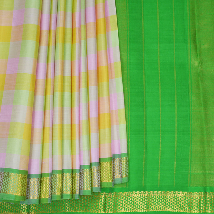 Hayagrivas Handloom Multicolour Checks Kanjivaram Silk Saree with Parrot Green Border KSBF716G7-1