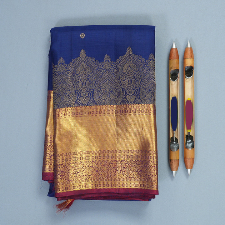 Hayagrivas Handloom Dark Blue Kanjivaram Silk Saree with Wine Maroon Border KBF770H9-2