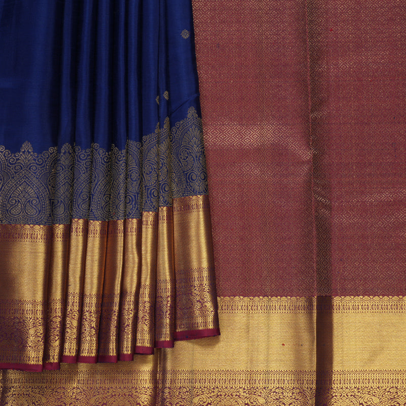 Hayagrivas Handloom Dark Blue Kanjivaram Silk Saree with Wine Maroon Border KBF770H9-2