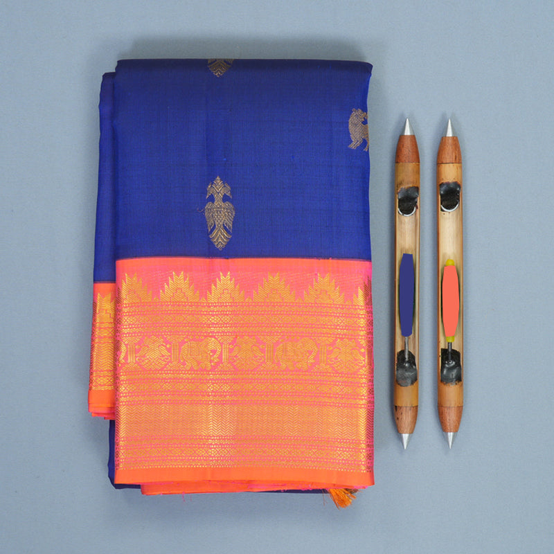 Hayagrivas Handloom MS Blue Kanjivaram Silk Saree with Bright Orangish-Pink Border KSBE848H2-1