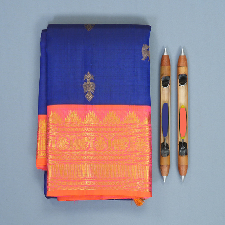 Hayagrivas Handloom MS Blue Kanjivaram Silk Saree with Bright Orangish-Pink Border KSBE848H2-1