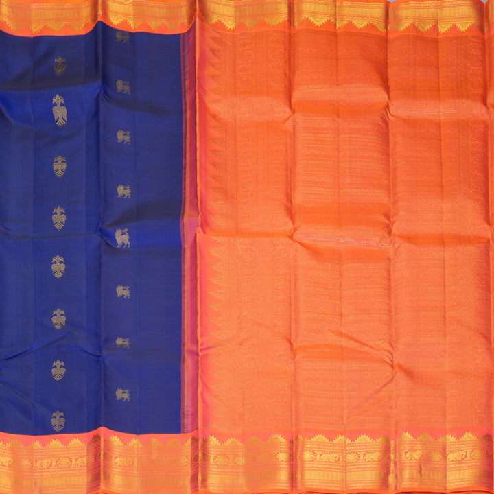 Hayagrivas Handloom MS Blue Kanjivaram Silk Saree with Bright Orangish-Pink Border KSBE848H2-1