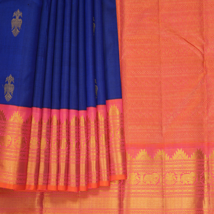 Hayagrivas Handloom MS Blue Kanjivaram Silk Saree with Bright Orangish-Pink Border KSBE848H2-1