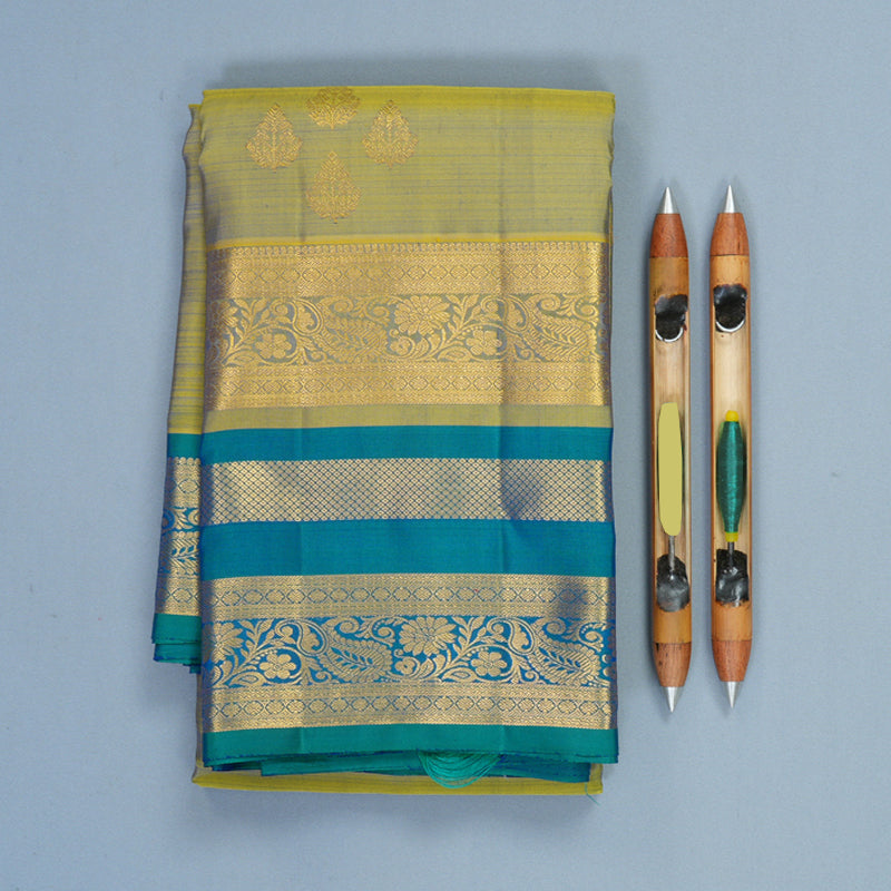 Hayagrivas Handloom Dual Tone (Light Green &amp; Blue) Kanjivaram Silk Saree with Peacock Green Border KSBF857H8-1