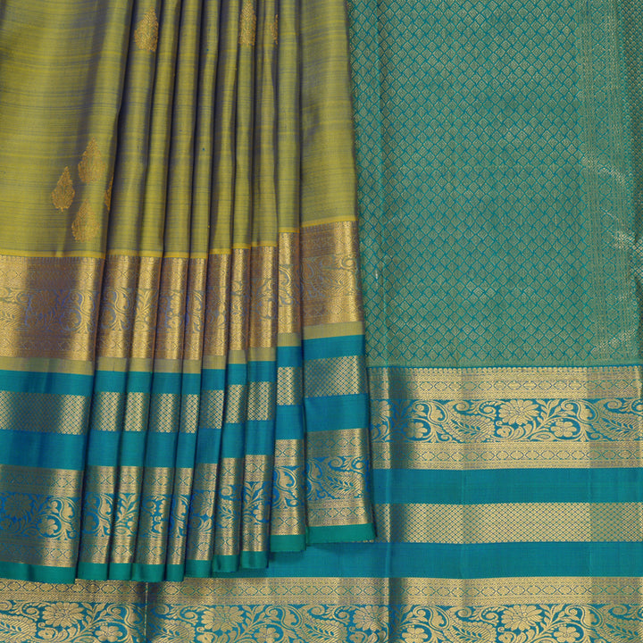 Hayagrivas Handloom Dual Tone (Light Green &amp; Blue) Kanjivaram Silk Saree with Peacock Green Border KSBF857H8-1