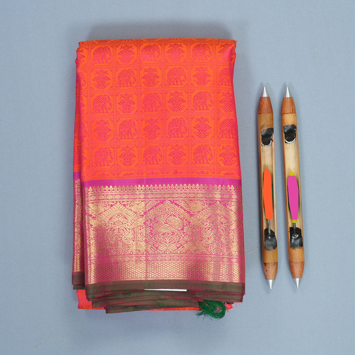 Hayagrivas Handloom Orange Kanjivaram Silk Saree with Rani Pink Border SSBFL393J1-1-BF393-SBS