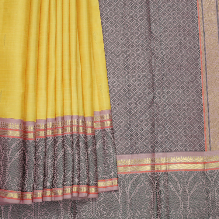 Hayagrivas Handloom Pale Yellow Kanjivaram Silk Saree with Onion Pink Border SSBFL407J1-1-BF407-SBS