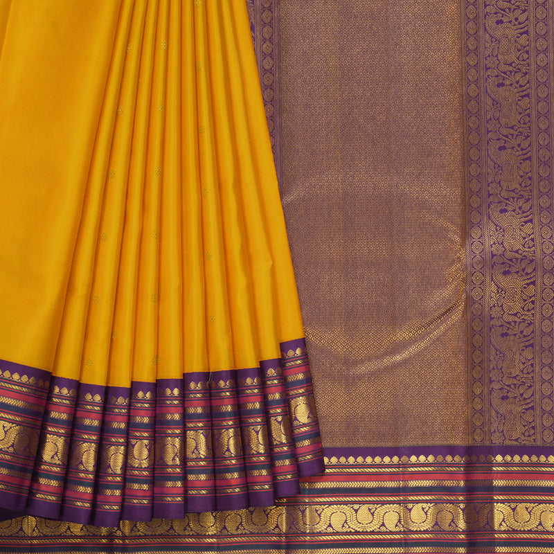 Hayagrivas Handloom Yellow Kanjivaram Silk Saree with Purple Border SSCBF105G13-2