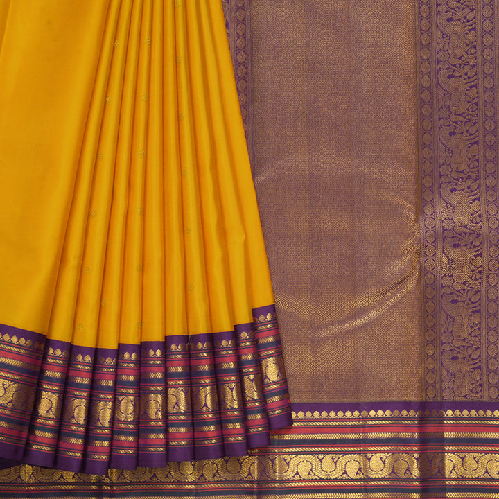 Hayagrivas Handloom Yellow Kanjivaram Silk Saree with Purple Border SSCBF105G13-2
