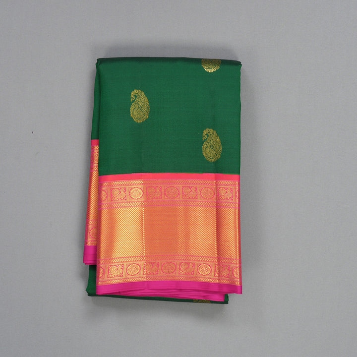 Hayagrivas Handloom Dark Green Kanjivaram Silk Saree with Orangish-Pink Border SSCBF105G7-4