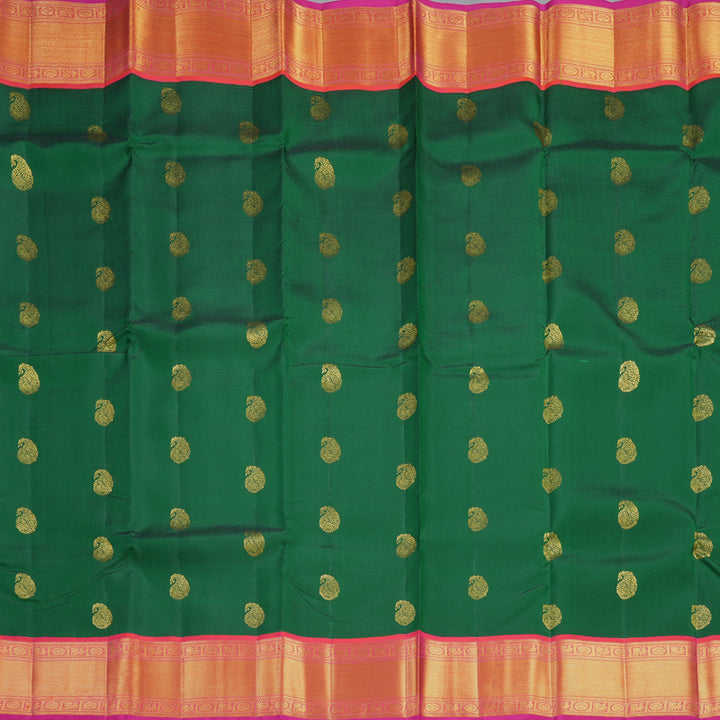 Hayagrivas Handloom Dark Green Kanjivaram Silk Saree with Orangish-Pink Border SSCBF105G7-4