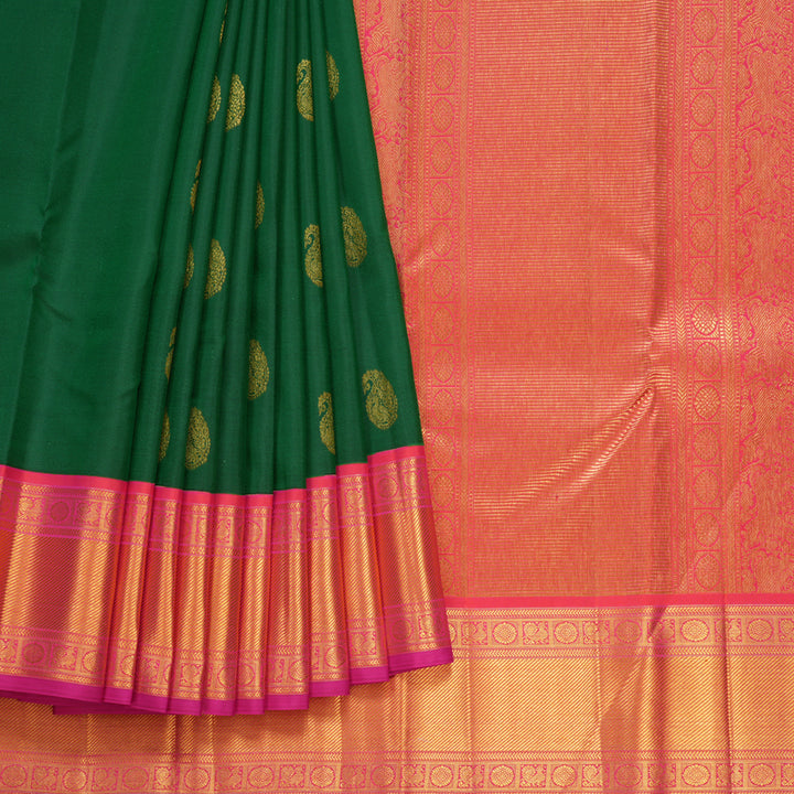 Hayagrivas Handloom Dark Green Kanjivaram Silk Saree with Orangish-Pink Border SSCBF105G7-4