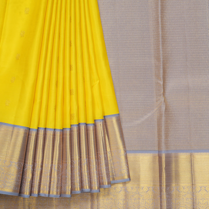 Hayagrivas Handloom Lemon Yellow Kanjivaram Silk Saree with Grey Border SSCBF105C8-14