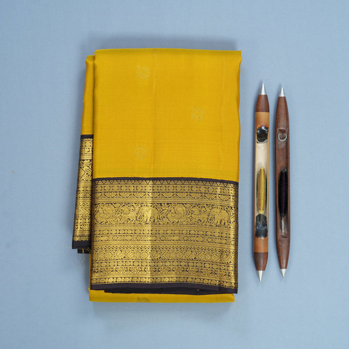 Hayagrivas Handloom Sampanga Yellow Kanjivaram Silk Saree with Deep Jamun Border SSCBF108G19-1